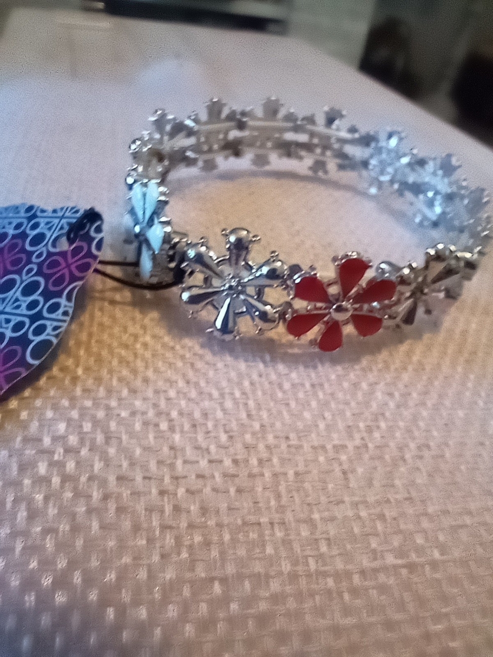 Silver Floral Bracelet with Red And White Accent Flowers